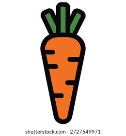 Um ícone simples e plano de uma cenoura laranja com topos de folhas verdes, isolado em um fundo branco.