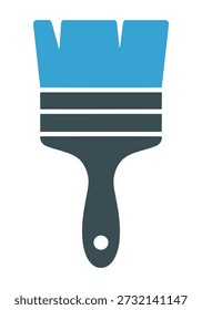 Ein einfaches, flaches Symbol eines Pinsels mit blauen Borsten und einem dunkelgrauen Griff, einzeln auf weißem Hintergrund.