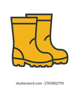 A simple flat icon of a pair of yellow waterproof rubber rain boots with thick soles isolated on white background