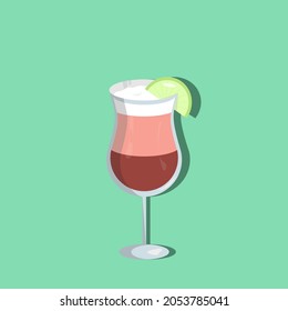 Simple flat icon, pink cocktail in glass with lime on light green background