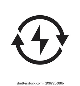 Simple flat icon recharge. Vector black and white circular arrow symbol with lightning symbol in the middle. Mobile phone battery charging, power bank, electrical power indicator.