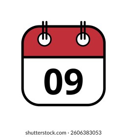 Simple flat icon of red calendar with specific day marked for websites and graphic resources isolated on transparent background, day 09.