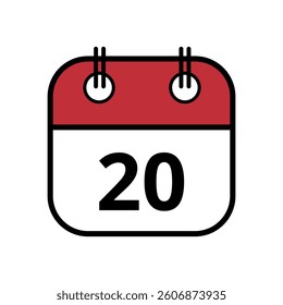 Simple flat icon of red calendar with specific day marked for websites and graphic resources isolated on transparent background, day 20.