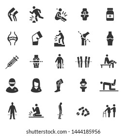 simple flat icon related to knee pain, sign and symptom, cause, treatment and exercise.