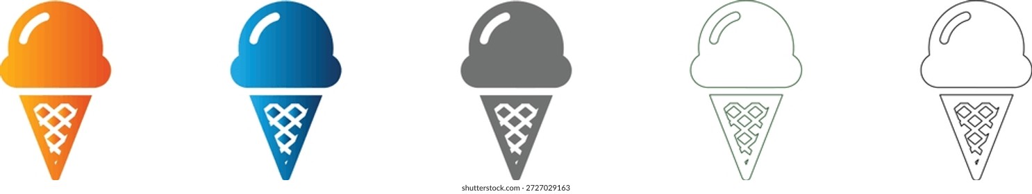 Un simple icono plano que representa un cono de helado, parte de un conjunto de iconos de Vector consistente, presentado en negro sólido y aislado sobre un fondo blanco.