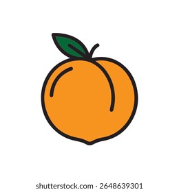 Simples ícone plano de um pêssego laranja maduro com uma folha verde e caule
