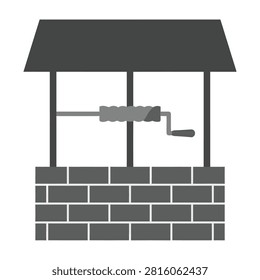 A simple flat icon of a rustic brick water well featuring a roof and a manual crank mechanism. Ideal for rural lifestyle, garden design, and water supply concepts.