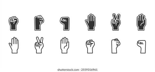 Simple flat icon set of open hand gesture. Clenching fist gesture, peace and love. Hand icon set. Contains gestures, collection of vector icons in flat form isolated on transparent background. 