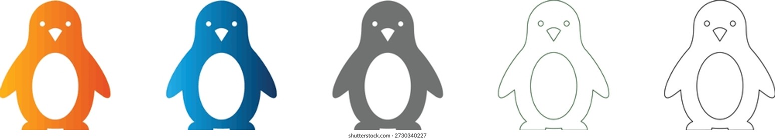 Simples ícone plano conjunto de um pinguim em arte vetorial preto sólido, isolado em um fundo branco, perfeito para design gráfico.