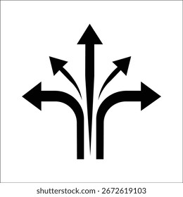 A simple, flat icon showing a single point splitting into five diverging arrows. It symbolizes a variety of choices, different paths, and the concept of diversification or multiple options.