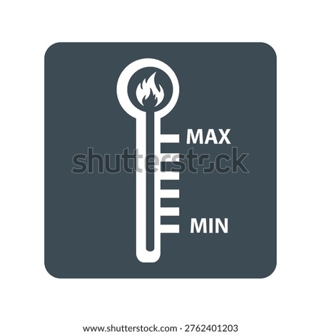 Simple flat icon showing a thermometer with flame symbol and max min scale, ideal for heat alerts, temperature monitoring, safety warnings, and climate control themes.