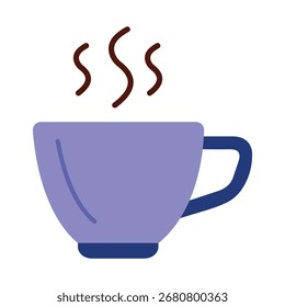 A simple flat icon of a steaming hot coffee or tea cup in a purple color. Isolated on a white background, this graphic is perfect for cafe, breakfast, and beverage-related designs.
