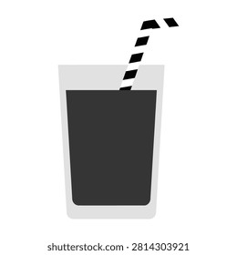 A simple flat icon of a tall glass filled with a dark carbonated beverage or iced coffee featuring a classic black and white striped straw for a refreshing drink.