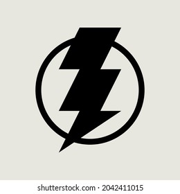 Simple flat icon of thunder silhouette with black circle isolated on light gray background. Vector with minimalistic symbol concept with zigzag lightning suitable for logos, electricity and warnings.