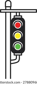 A simple flat icon of a traffic light with red yellow and green signals on a black metal street pole