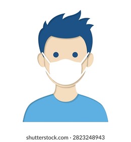 A simple flat icon of a young boy with blue hair wearing a white surgical mask. Represents disease prevention, healthcare safety, pandemic protection and hygiene.