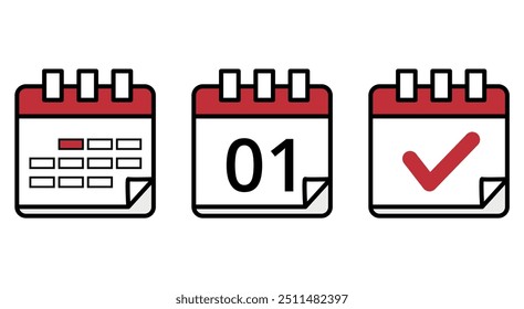 Iconos planos simples de calendarios en diferentes diseños, icono de calendario con día específico marcado, día 01.