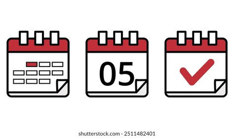 Simples ícones planos de calendários em diferentes projetos, ícone de calendário com dia específico marcado, dia 05..