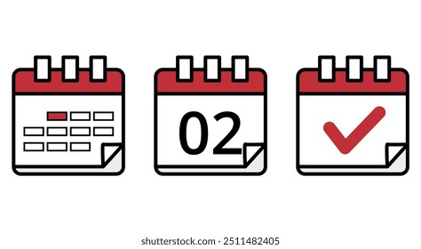 Simple flat icons of calendars in different designs, calendar icon with specific day marked, day 02.