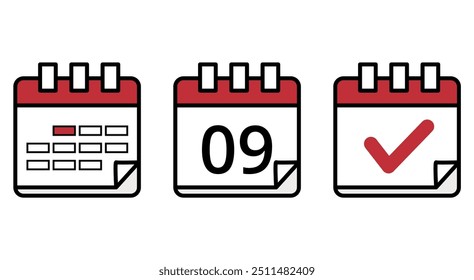 Iconos planos simples de calendarios en diferentes diseños, icono de calendario con día específico marcado, día 09.