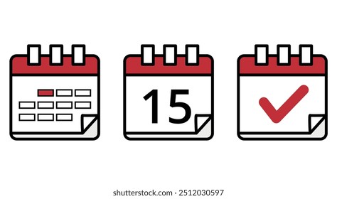 Simple flat icons of calendars in different designs, calendar icon with specific day marked, day 15.