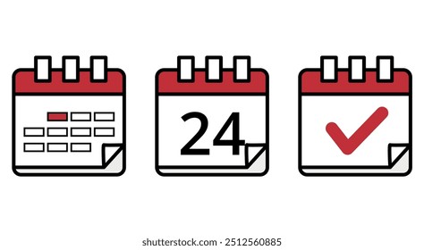 Iconos planos simples de calendarios en diferentes diseños, icono de calendario con día específico marcado, día 24.