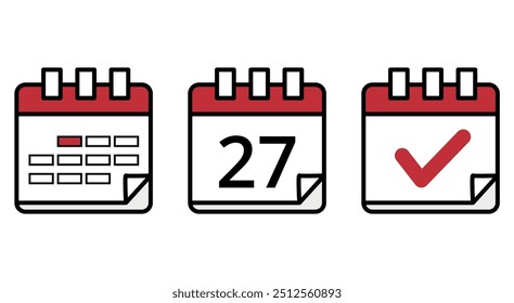Iconos planos simples de calendarios en diferentes diseños, icono de calendario con día específico marcado, día 27.