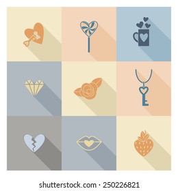 Simple Flat Icons Collection for Valentines Day, Wedding, Love and Romantic Events. Vector