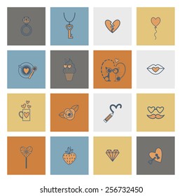 Simple Flat Icons Collection for Valentines Day, Wedding, Love and Romantic Events. Vector