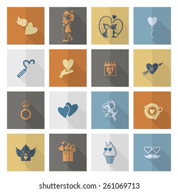 Simple Flat Icons Collection for Valentines Day, Wedding, Love and Romantic Events. Vector