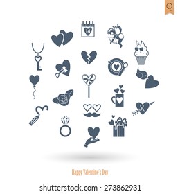 Simple Flat Icons Collection for Valentines Day, Wedding, Love and Romantic Events. Vector