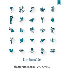 Simple Flat Icons Collection for Valentines Day, Wedding, Love and Romantic Events. Vector