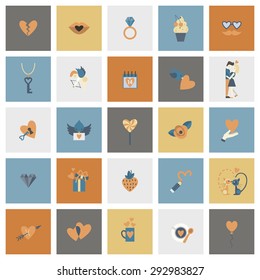 Simple Flat Icons Collection for Valentines Day, Wedding, Love and Romantic Events. Vector