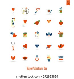 Simple Flat Icons Collection for Valentines Day, Wedding, Love and Romantic Events. Vector