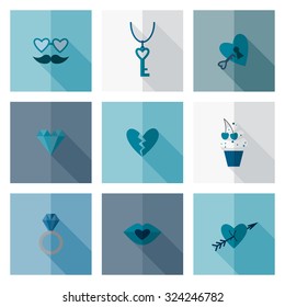 Simple Flat Icons Collection for Valentines Day, Wedding, Love and Romantic Events. Vector