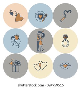 Simple Flat Icons Collection for Valentines Day, Wedding, Love and Romantic Events. Vector