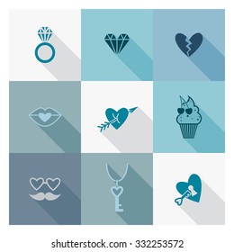 Simple Flat Icons Collection for Valentines Day, Wedding, Love and Romantic Events. Vector