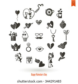 Simple Flat Icons Collection for Valentines Day, Wedding, Love and Romantic Events. Vector