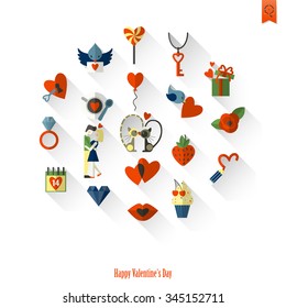 Simple Flat Icons Collection for Valentines Day, Wedding, Love and Romantic Events. Vector