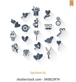Simple Flat Icons Collection for Valentines Day, Wedding, Love and Romantic Events. Vector