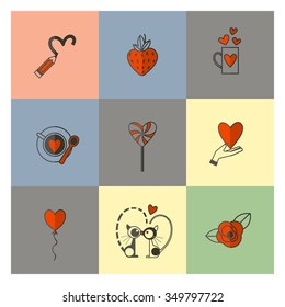 Simple Flat Icons Collection for Valentines Day, Wedding, Love and Romantic Events. Vector