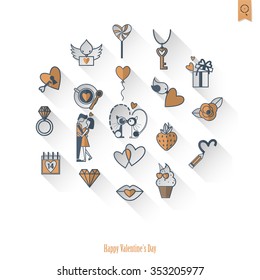 Simple Flat Icons Collection for Valentines Day, Wedding, Love and Romantic Events. Vector