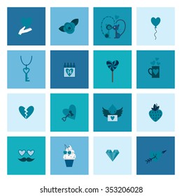 Simple Flat Icons Collection for Valentines Day, Wedding, Love and Romantic Events. Vector