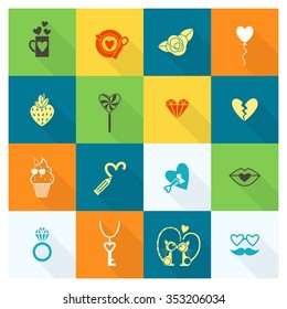 Simple Flat Icons Collection for Valentines Day, Wedding, Love and Romantic Events. Vector