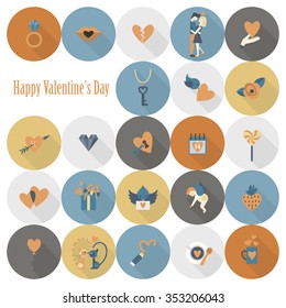 Simple Flat Icons Collection for Valentines Day, Wedding, Love and Romantic Events. Vector