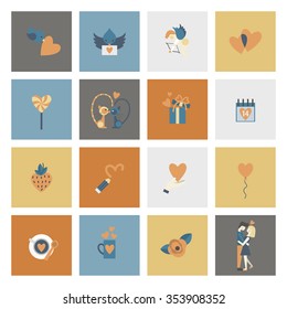 Simple Flat Icons Collection for Valentines Day, Wedding, Love and Romantic Events. Vector