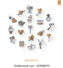 Simple Flat Icons Collection for Valentines Day, Wedding, Love and Romantic Events. Vector