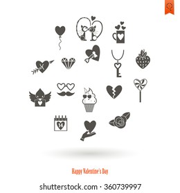 Simple Flat Icons Collection for Valentines Day, Wedding, Love and Romantic Events. Vector