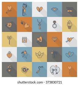 Simple Flat Icons Collection for Valentines Day, Wedding, Love and Romantic Events. Vector