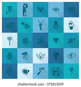 Simple Flat Icons Collection for Valentines Day, Wedding, Love and Romantic Events. Vector